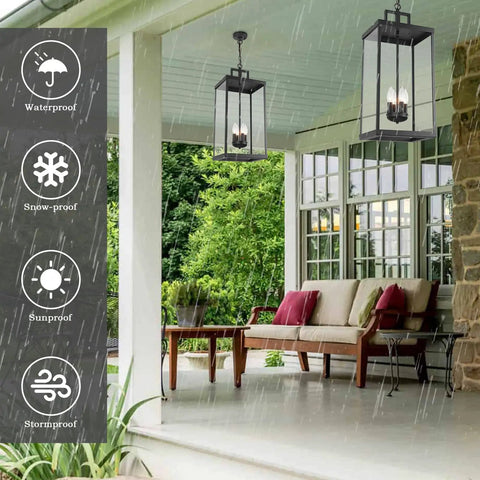 Large Twenty Five Inch Outdoor Pendant Light With Clear Glass And Sturdy Metal Build Straight Up, hanging in rain on a porch.