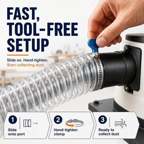 Kickass 4 Inch Pvc Dust Collection Hose 20 Feet Long Steel Coiled Anti Kink Flexible Exhaust Tubing for easy dust collection setup.