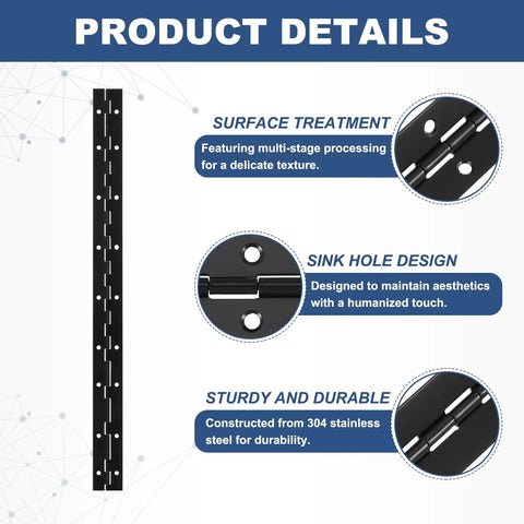 Top Shelf 18 Inch Piano Hinges, 4 Pack 304 Stainless Steel Continuous Door Hardware close-up of surface treatment and sink hole design.