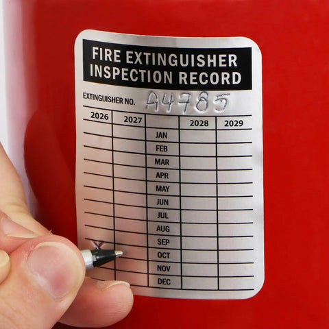 Grab These Heavy Duty Fire Extinguisher Inspection Tags With Four Year Maintenance Log 3 By 2 25 Inch Debossable Aluminum Labels Write On Outside Rated Pack Of 10 Made In Usa For Bulletproof Safety