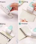 Process of using Go To 3 Hole Punch And 12 Piece Metal Ring Binder Set For A5 To A8 Notebooks Travel Journal Scrapbook In Green