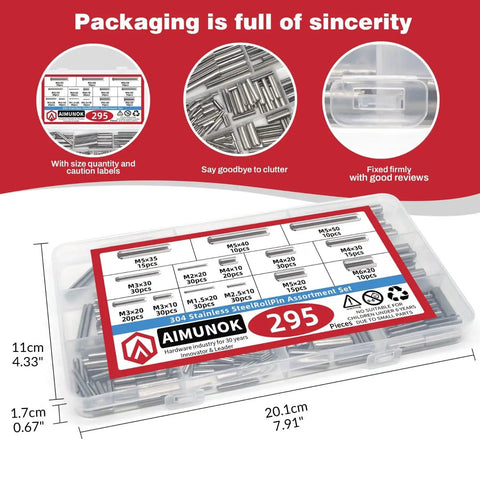 295 Piece Stainless Steel Roll Pin Kit With Spring Dowels, Slotted Tension Pins, And Split Expansion Pins, M1.5 To M6 Sizes