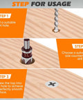5-piece countersink drill bit set with 82-degree HSS bits and hex shank; step-by-step wood countersinking infographic.