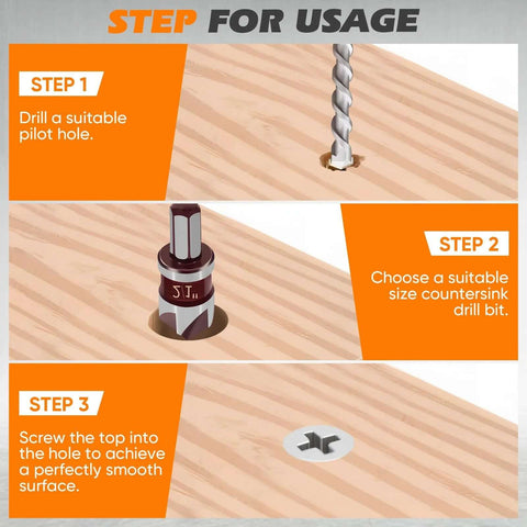 5-piece countersink drill bit set with 82-degree HSS bits and hex shank; step-by-step wood countersinking infographic.