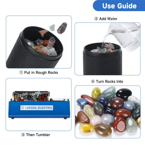 Electric Rock Tumbler With Dual Drum, 6Lb Capacity Lapidary Polisher Built For Rockhounds and Gem Hobbyists showing use guide.