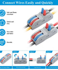 Wire connectors on cables with red, blue levers; instruction steps for use shown below.