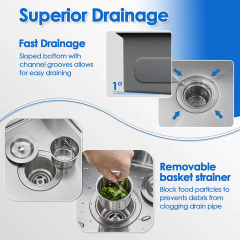 Superior drainage features of Undermount Bar Prep Kitchen Sink 15x15x8 In Compact 304 Stainless Steel Small Single Bowl With Drain