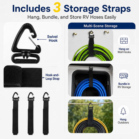 Reinforced RV Hose Storage Organizer with three storage straps, swivel hooks, and hook-and-loop straps for hanging RV hoses.