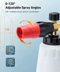 Heavy Duty Car Foam Cannon With Wide Neck Adjustable Snow Lance And Thick Foam For Pressure Washer One Liter Bottle One Quarter Inch Quick Connector Works With 1000 To 3000 PSI Washers showing adjustable spray angles and nozzle rotation.