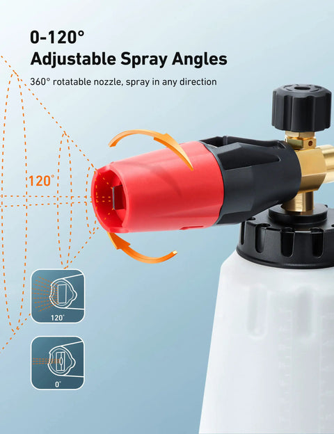 Heavy Duty Car Foam Cannon With Wide Neck Adjustable Snow Lance And Thick Foam For Pressure Washer One Liter Bottle One Quarter Inch Quick Connector Works With 1000 To 3000 PSI Washers showing adjustable spray angles and nozzle rotation.