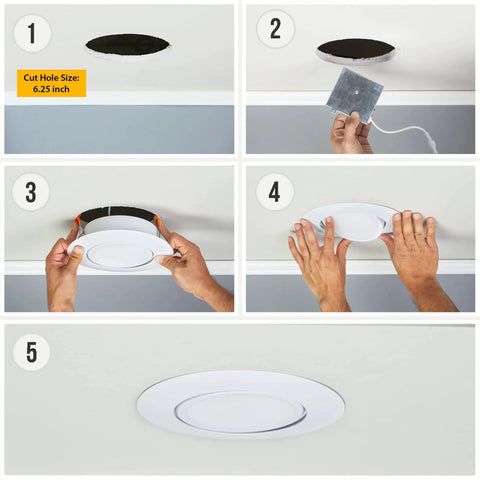 Step-by-step installation of 4 Pack 6 Inch Gimbal Recessed LED Downlights With 8 Inch Trim, Air Tight IC Rated Dimmable 2700K To 6000K 5CCT.