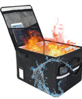 Black fireproof file box with lock for 5200 Degree Fahrenheit heat safe storage, open showing flames and water resistance.