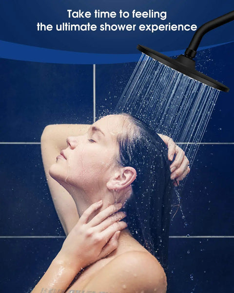 9 Inch Rain Shower Head With 200 Nozzles For Gentle Spa Level Water Flow And High Pressure Performance Large Surface Coverage Tool Free Installation Matte Black Finish EM 001 spraying water in a shower.