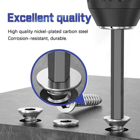 Close-up of Wood Screws Assortment Kit 175 Pcs Pro Grade Set with hex socket inserting into wood, showing countersunk heads.