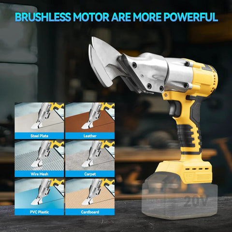 Beast Of A Brushless Cordless Metal Shear With 360 Degree Rotating Head For 20V Max Battery Platforms Cuts Sheet Metal Leather Carpet And Thin Materials Up To 2mm Thick Adjustable Head For Easy Angled Cuts Battery Not Included shown with material cut samples
