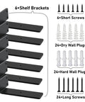 Beefy Heavy Duty Floating Shelf Brackets Built With Premium Solid Steel Five Millimeter Thick Industrial Black L Shaped Shelf Supports For Heavy Shelves 200 Pound Per Pair Stud Or Brick Wall Mount 6 Pack shown with screws and wall plugs