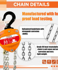 Front view of orange TKK 1/2 ton chain hoist with black hook and silver chain