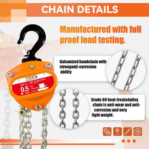 Front view of orange TKK 1/2 ton chain hoist with black hook and silver chain