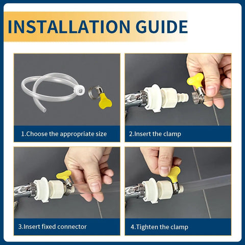 Installation guide showing steps for using Must Have 36 Piece Hose Clamp Kit With Adjustable 8-29mm Butterfly Clamps for plumbing.