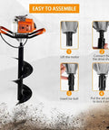 Gas Powered 62cc Auger Post Hole Digger with Three Drill Bits and Assembly Instructions