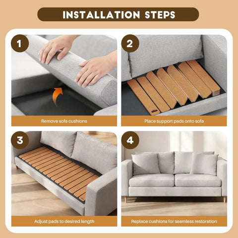 Installation steps of Heavy Duty Couch Cushion Support Board easily fixes sagging sofa seats with slats.