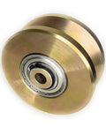 Heavy Duty Four Inch V Groove Gate Rollers With Double Bearings Rated For Three Thousand Pounds close-up view of roller with smooth surface