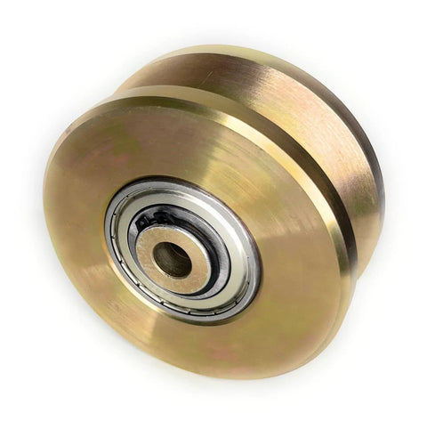 Heavy Duty Four Inch V Groove Gate Rollers With Double Bearings Rated For Three Thousand Pounds close-up view of roller with smooth surface