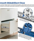Kitchen cabinet with soft-close drawer slide, showing ball bearing full extension and heavy-duty steel side mount rails for smooth operation.