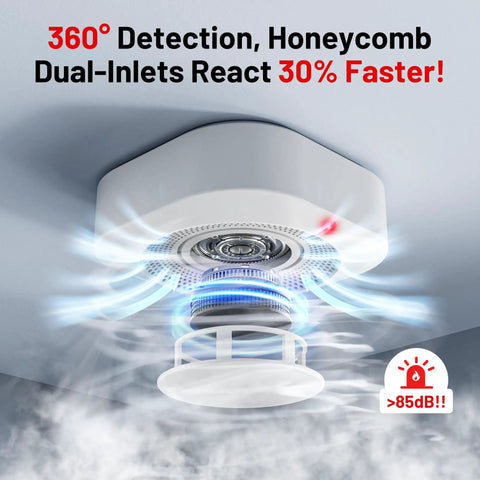 Ceiling-mounted battery operated photoelectric smoke alarm with test button and low battery warning, dual sensor for home safety.