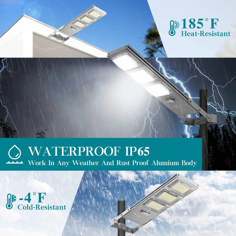 1500W Commercial Solar Street Light With Remote Control And Motion Sensor For Parking Lot Highway Garage Outdoor Flood Light Dusk To Dawn For Wall Or Pole Mount No Hassle Setup In Sun Powered Illumination under harsh weather conditions, waterproof IP65, heat and cold resistant.