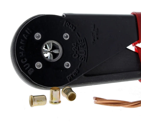 Four Way Crimp Tool With Spring Loaded Plungers, Fingertip Adjustment For Two Connector Sizes, tool head shown with connectors