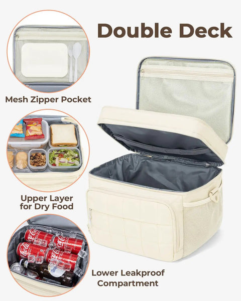Insulated Puffer Cooler Bag Holds Thirty Two Cans Soft Side Duffel Tote With Double Deck Setup Built For Weekend Warrior Chill Sessions Tailgate Stashes And Day Trip Essentials Beige with mesh zipper pocket and compartments.