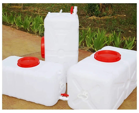 Four white 100L Large Capacity Water Storage Tanks with red lids, suitable for schools, hotels, and offices, made from food-grade PE plastic