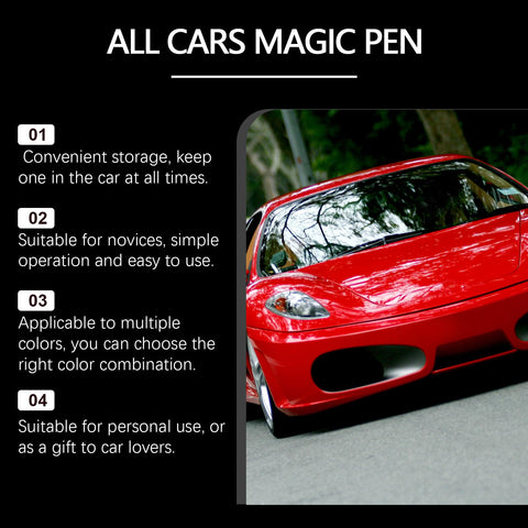 Magic Scratch Repair Pen For Cars No Tools Quick Fix For Scratches Swirls And Scuffs with red car and features list.