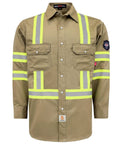 Front view of Hi Vis Flame Resistant Work Shirt For Men 7.5oz Khaki Cotton Twill FR With Reflective Tape ANSI ISEA 107 Type O Class 1