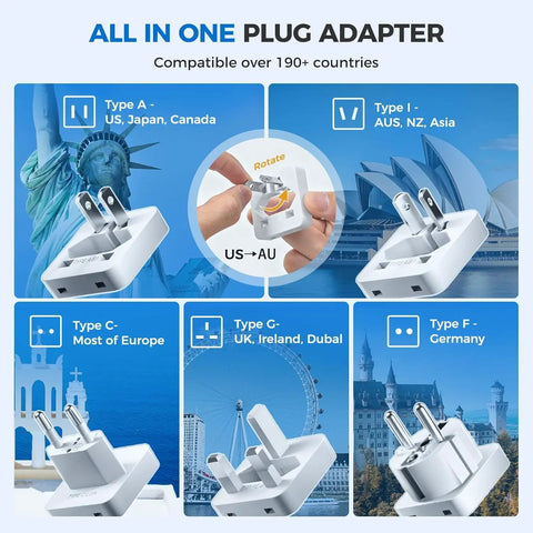 Image of all-in-one plug adapter for 2000W Voltage Converter For Travel 220V To 110V with multiple country plug types.