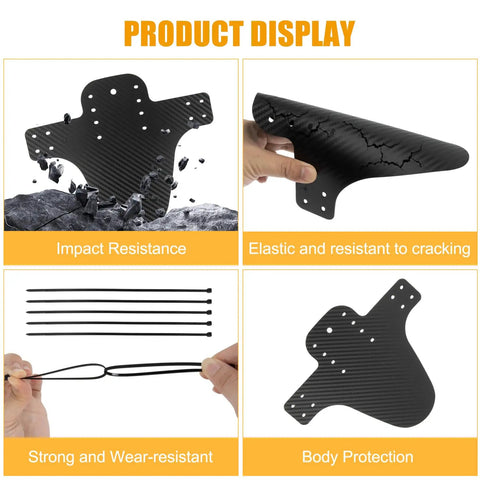 Universal Mountain Bike Mud Guards Front And Rear Set With 12 Ties showing impact resistance and elastic flexibility features.