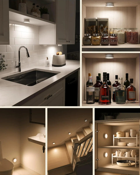 4 Pack Motion Sensor Closet Lights USB C Rechargeable Puck Lights For Under Cabinet And Stairs Dimmable 1200mAh Battery Magnetic Stick On Night Lights With 3 Color Temperatures showing multiple installations in kitchen and staircase settings
