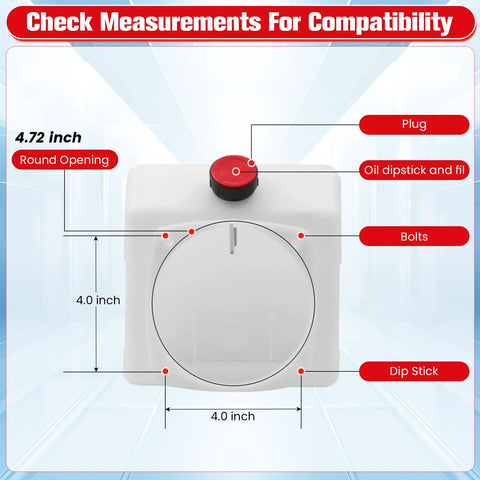 Top view of 6 Quart Poly Power Unit Reservoir For Hydraulic Systems with measurements and labeled parts.
