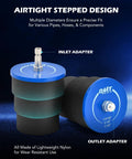 Front view of turbo leakage tester kit with blue nylon end caps and inlet/outlet adapters
