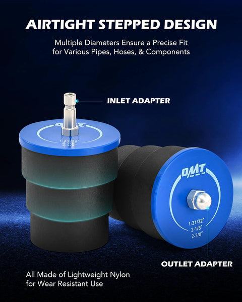 Front view of turbo leakage tester kit with blue nylon end caps and inlet/outlet adapters