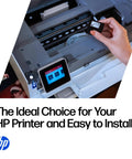 Professional High Yield Black Ink Cartridge Crafted For No Sweat Home Office Printing Compatible With OfficeJet 8010 8020 And 8030 Series held above printer.