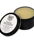 Open 8 oz container of Wood Cutting Board Wax Food Grade Mineral Oil and Beeswax Conditioner with lid beside it.