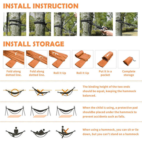 Installation and storage instructions for Portable Double And Single Hammock With Storage Bag For Camping, Travel, Beach, Hiking And Backyard Lounging, Sunflower Color, Easy Setup Straps Included, Ultra Durable And Super Cozy For Indoor Outdoor Use.