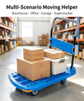 Ultra Lightweight 60x90 Cm Plastic Platform Hand Truck With Silent Swivel Wheels, Workhorse Folding Dolly Cart For Warehouse, Supermarket, Garage, Courier Moving Luggage, Blue in warehouse with boxes