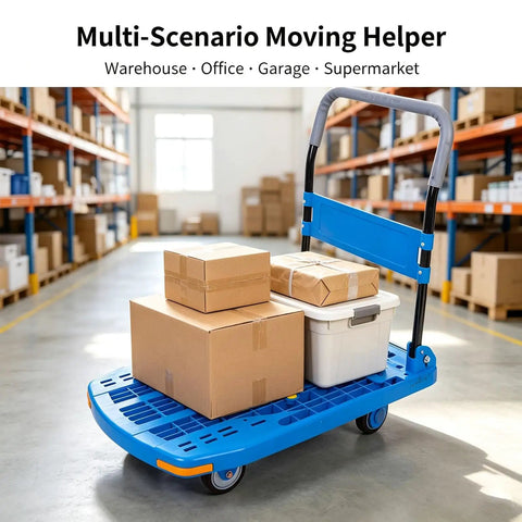 Ultra Lightweight 60x90 Cm Plastic Platform Hand Truck With Silent Swivel Wheels, Workhorse Folding Dolly Cart For Warehouse, Supermarket, Garage, Courier Moving Luggage, Blue in warehouse with boxes