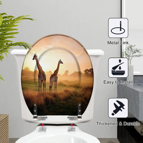 Generic Round Resin Toilet Seat for Bathroom featuring giraffe design, easy installation, and durable metal hinges.
