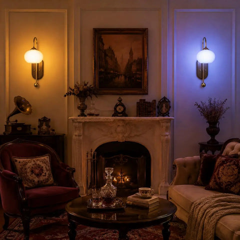 BOKT Battery Operated Light Wall Sconce 2 Pack Wireless Vintage Wall Light illuminating vintage styled room with warm light.