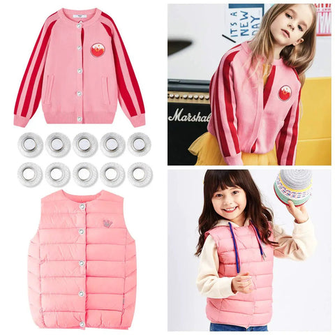 Set Of Twenty Five Mini Invisible Magnetic Snaps With Badass Hold For Baby Bibs Kids Apparel And DIY Craft Sewing Projects shown with pink cardigans and vests.