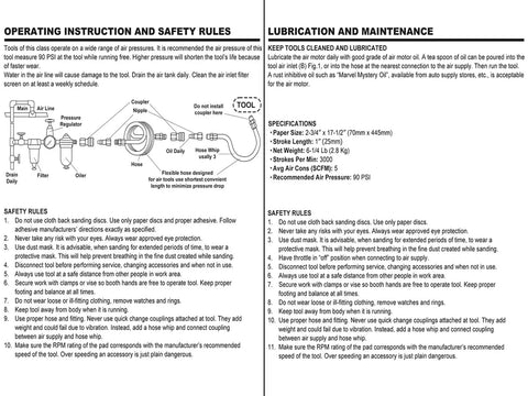 Operating instructions and safety rules for inline and straight line air sander with dual piston power, specifications included.